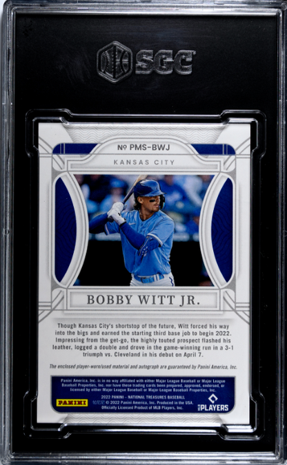 2022 National Treasures #PMS-BWJ Bobby Witt Jr. Mat. Sigs. Gold /25 SGC 10