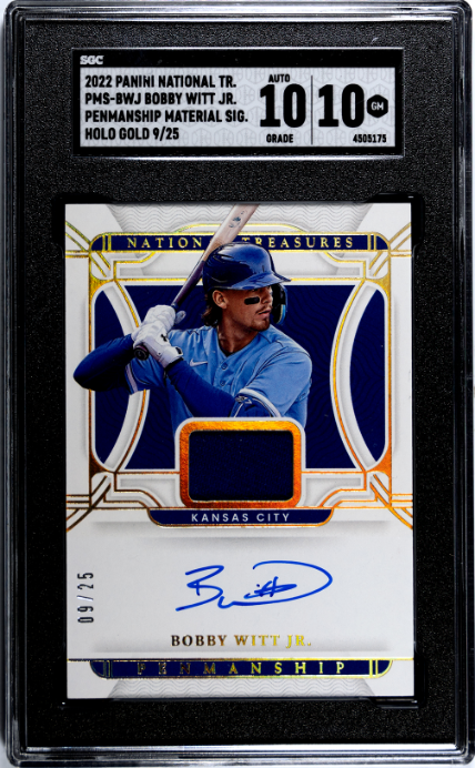 2022 National Treasures #PMS-BWJ Bobby Witt Jr. Mat. Sigs. Gold /25 SGC 10