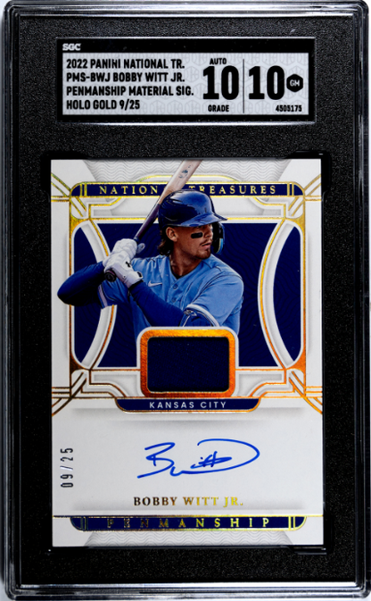 2022 National Treasures #PMS-BWJ Bobby Witt Jr. Mat. Sigs. Gold /25 SGC 10