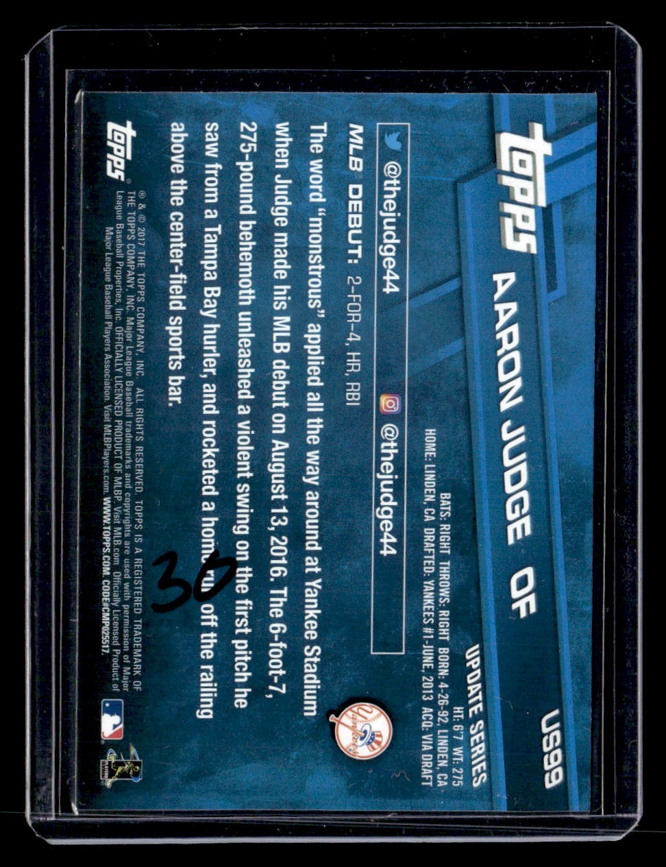 2017 Topps Update #US99 Aaron Judge — back