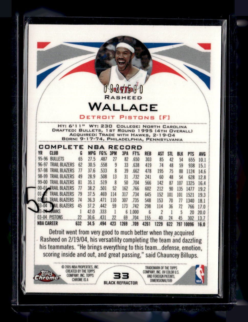 2004-05 Topps Chrome #33 Rasheed Wallace Refractors Black #/500 — back