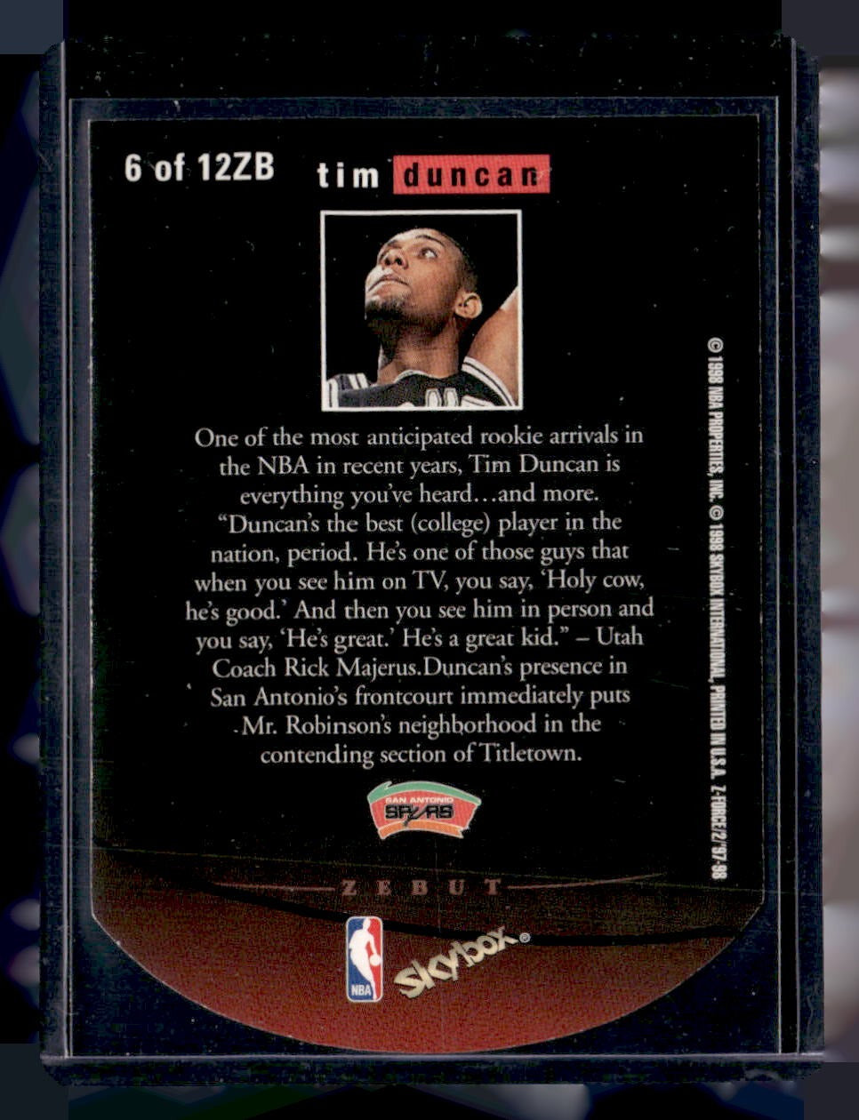 1997-98 SkyBox Z-Force #6 ZB Tim Duncan Zebut — back