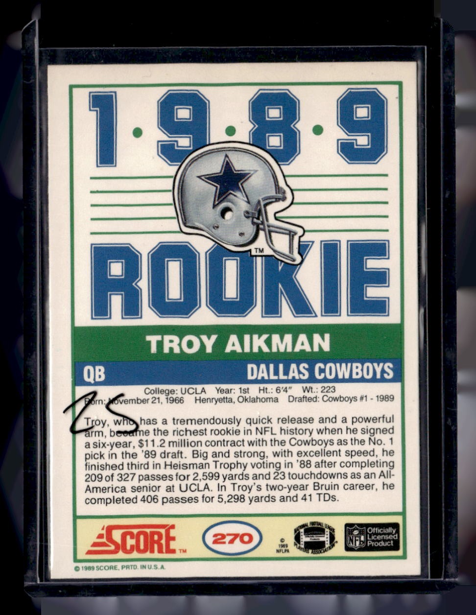 1989 Score #270 Troy Aikman — back