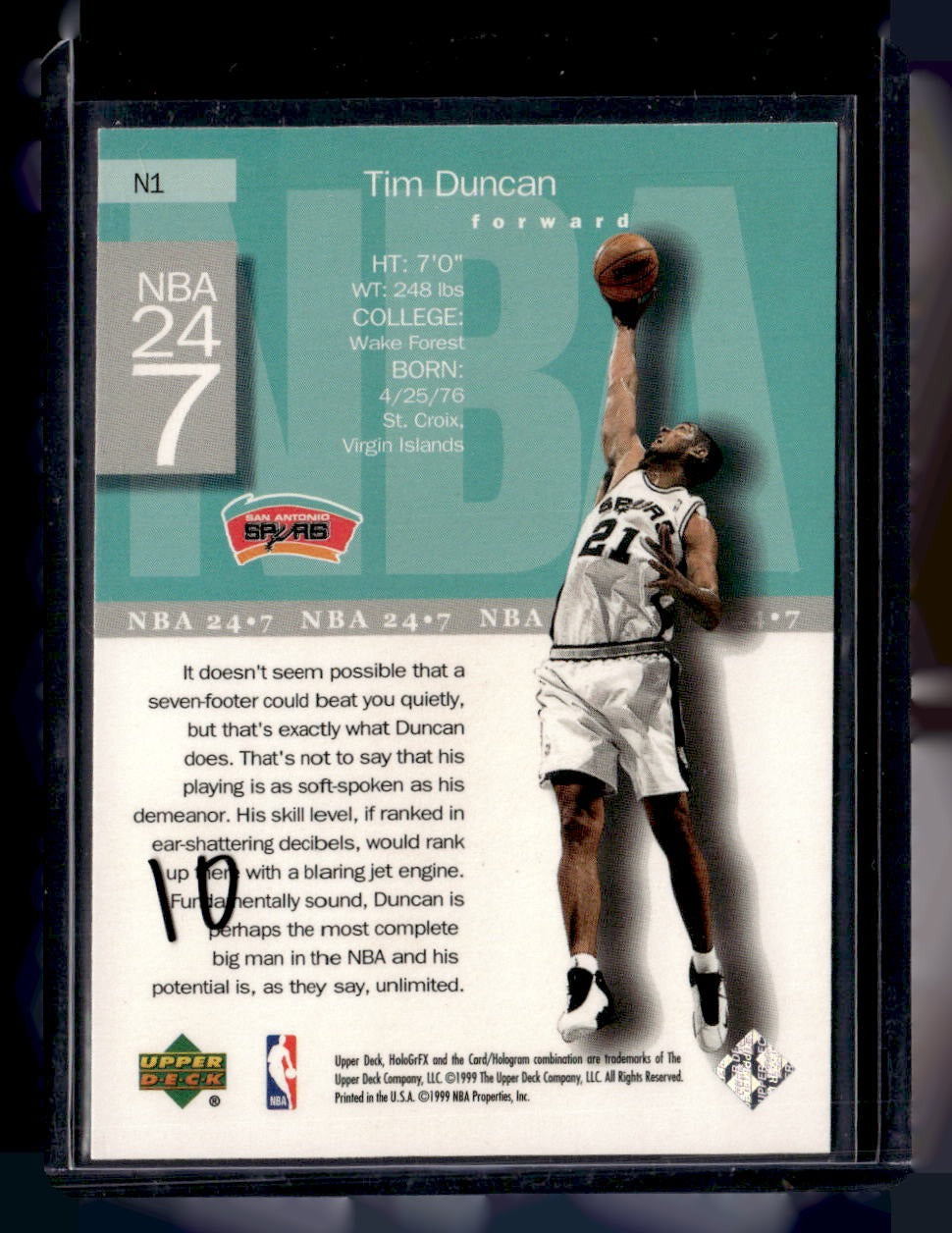 1999-00 Upper Deck HoloGrFX #N1 Tim Duncan NBA 24-7 — back