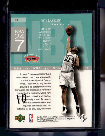 1999-00 Upper Deck HoloGrFX #N1 Tim Duncan NBA 24-7 — back