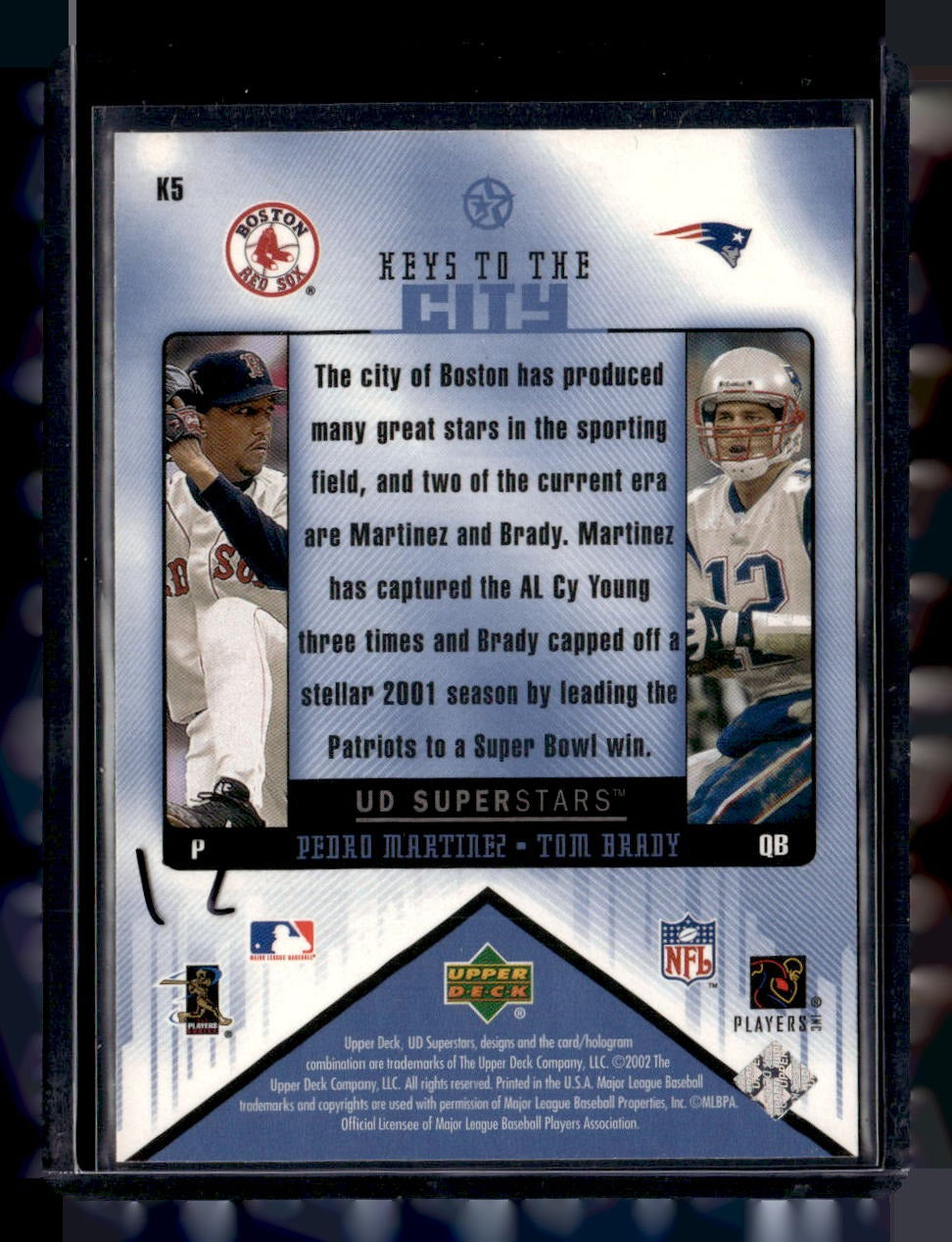 2002-03 UD SuperStars #K5 Pedro Martinez / Tom Brady Keys to the City — back