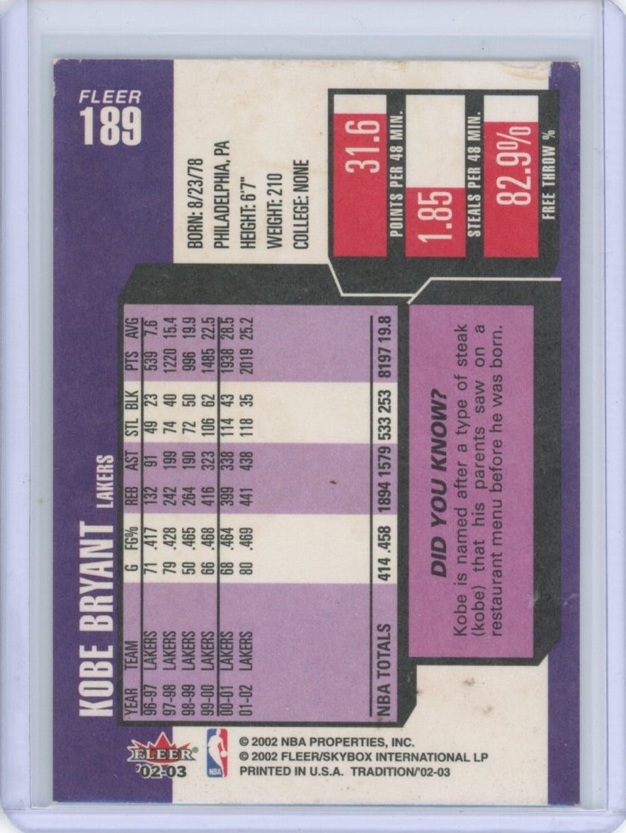 2002-03 Fleer Tradition #189 Kobe Bryant — back