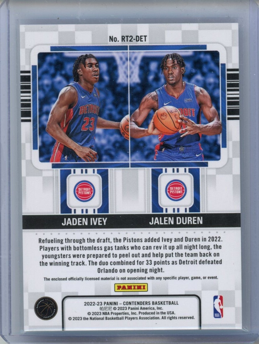 2022-23 Panini Contenders #RT2-DET Jaden Ivey/Jalen Duren Dual Swatches — back