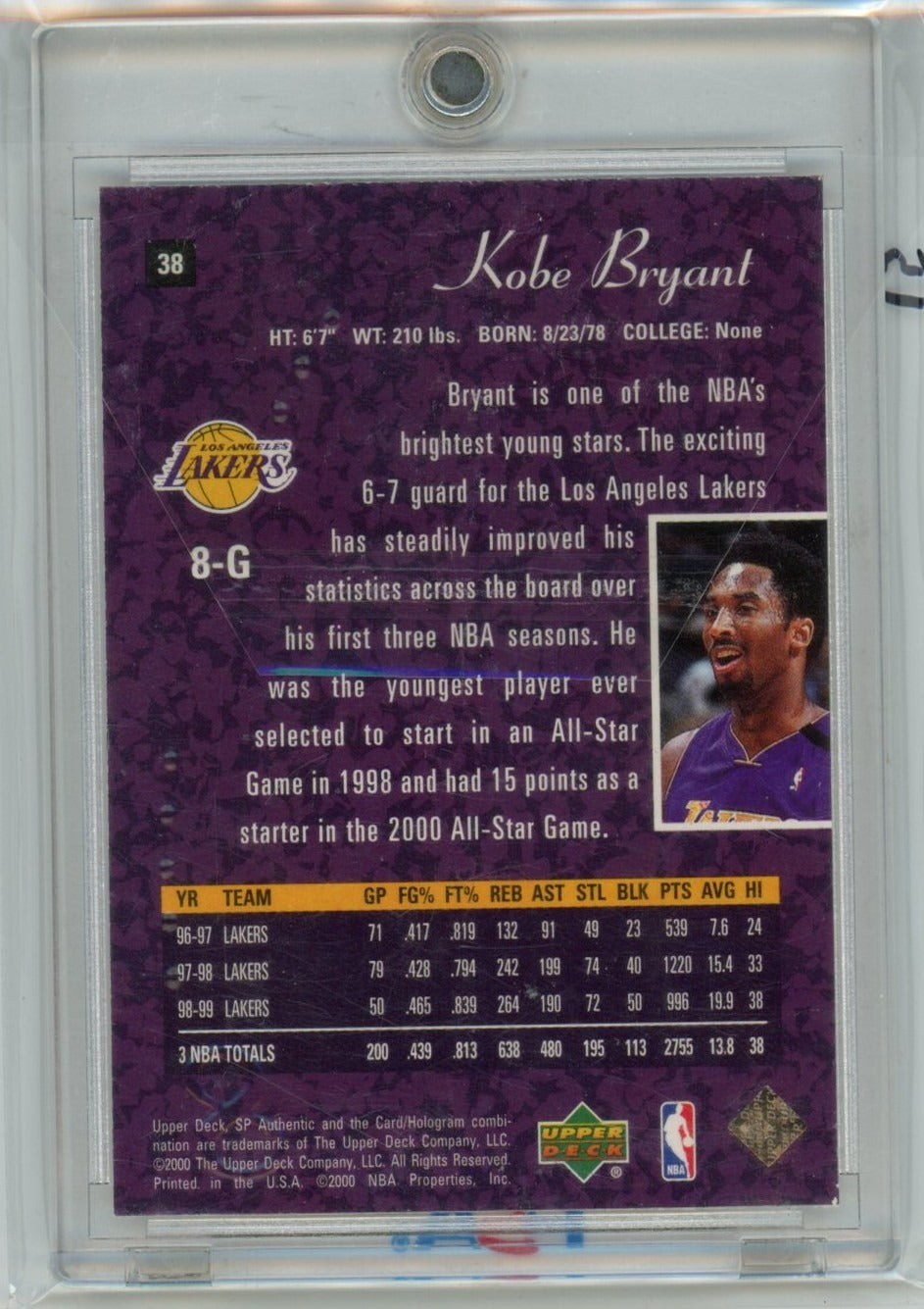 1999-00 SP Authentic #38 Kobe Bryant — back