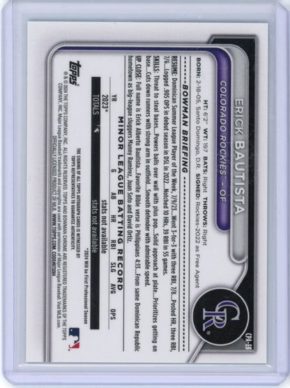 2024 Bowman #CPA-EB Erick Bautista Chrome Prospect Auto /99 — back