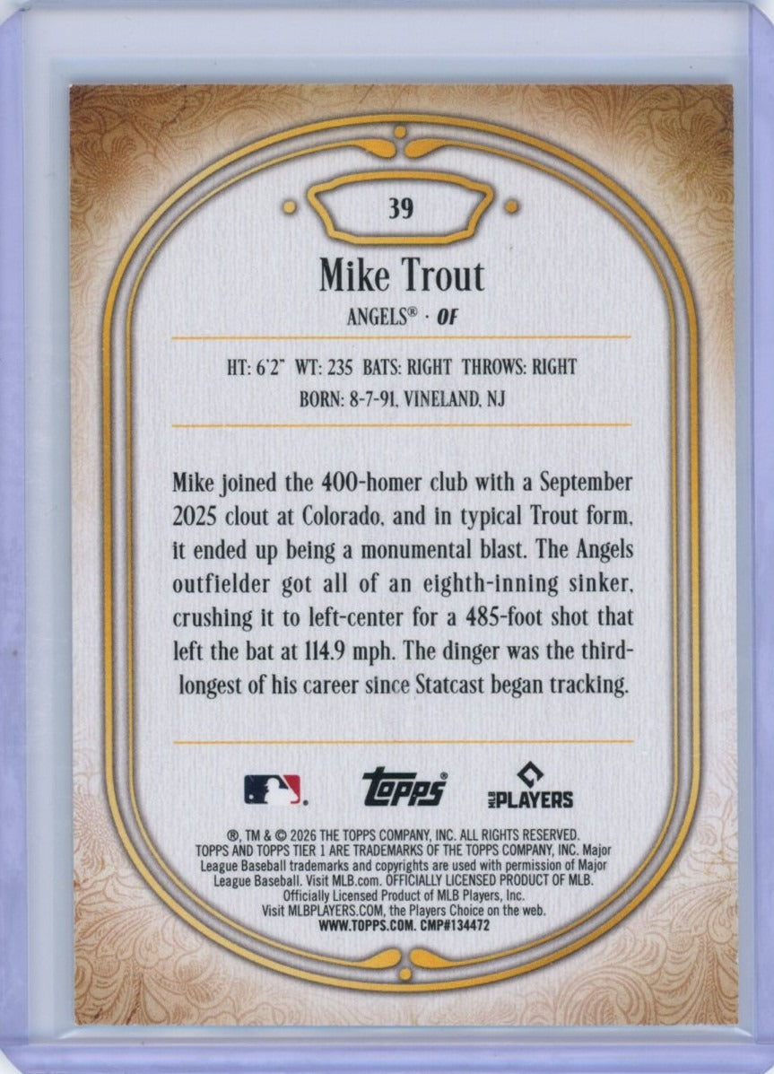 2026 Topps Tier One #39 Mike Trout /50 — back