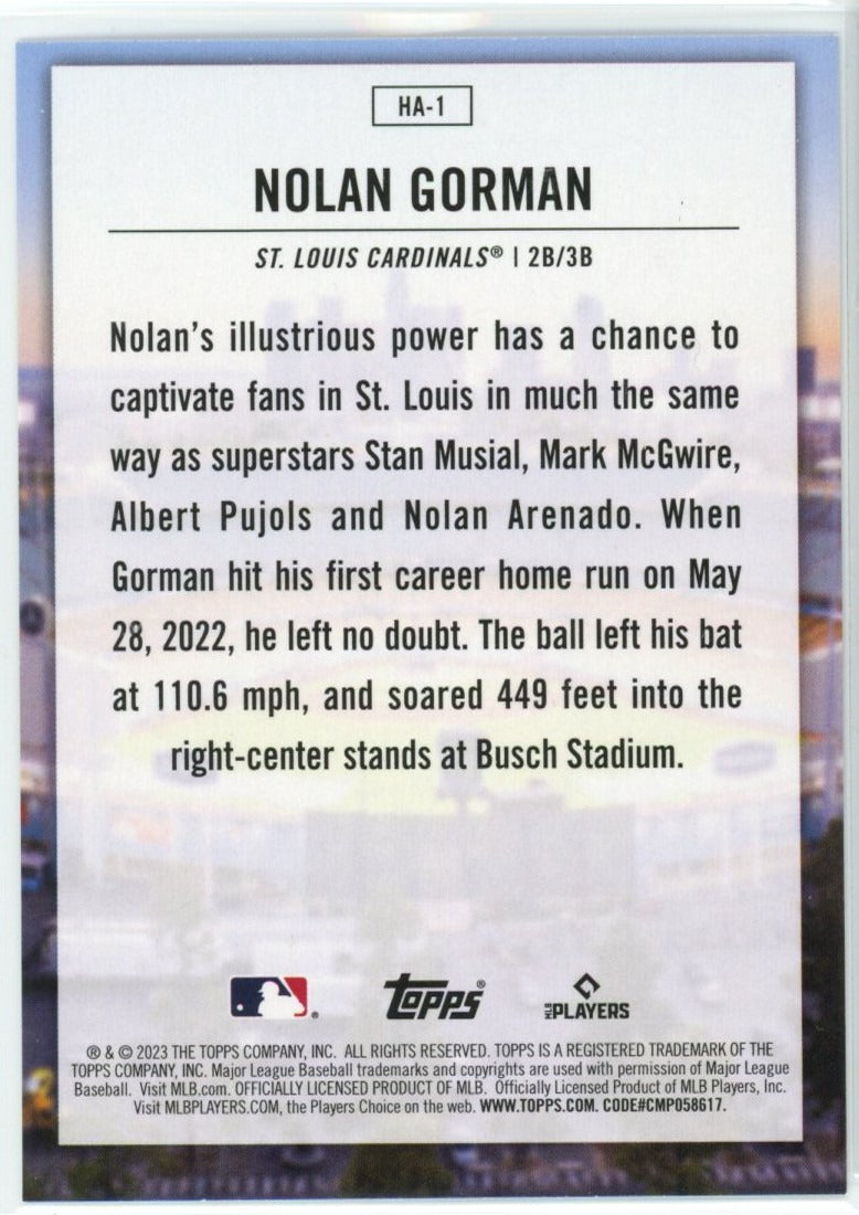 2023 Topps #HA-1 Nolan Gorman Home Field Advantage — back