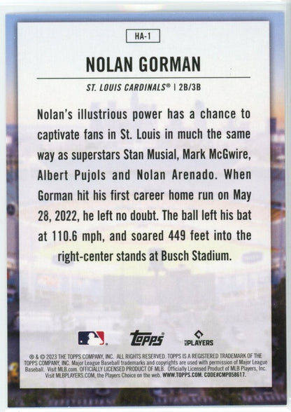 2023 Topps #HA-1 Nolan Gorman Home Field Advantage — back