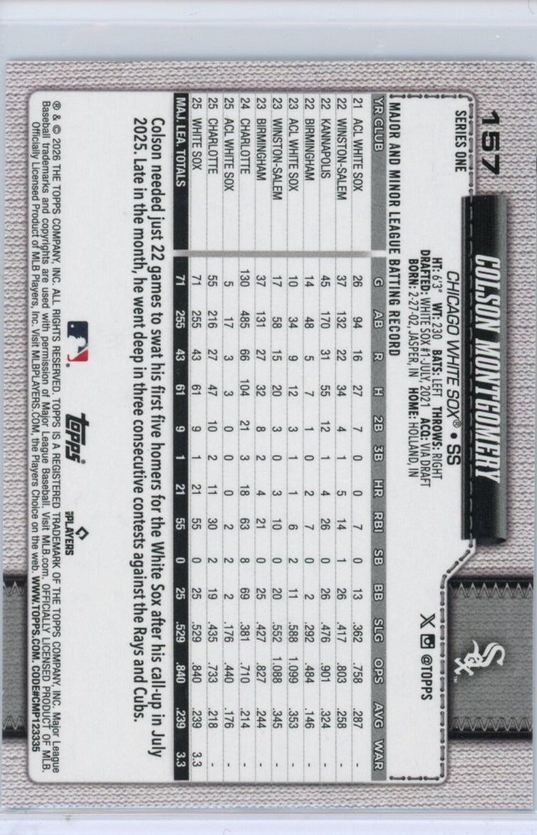 2026 Topps #157 Colson Montgomery — back