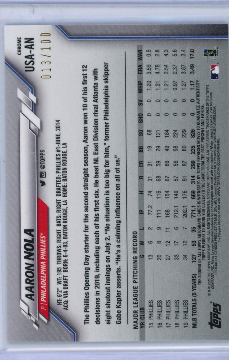 2020 Topps Chrome # USA-AN Aaron Nola /100 — back
