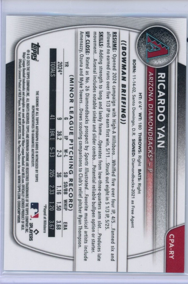 2025 Bowman #CPA-RY Ricardo Yan Chrome Prospect /299 — back
