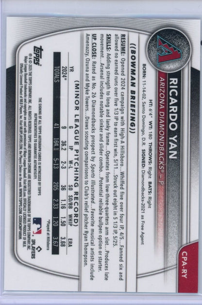 2025 Bowman #CPA-RY Ricardo Yan Chrome Prospect /299 — back