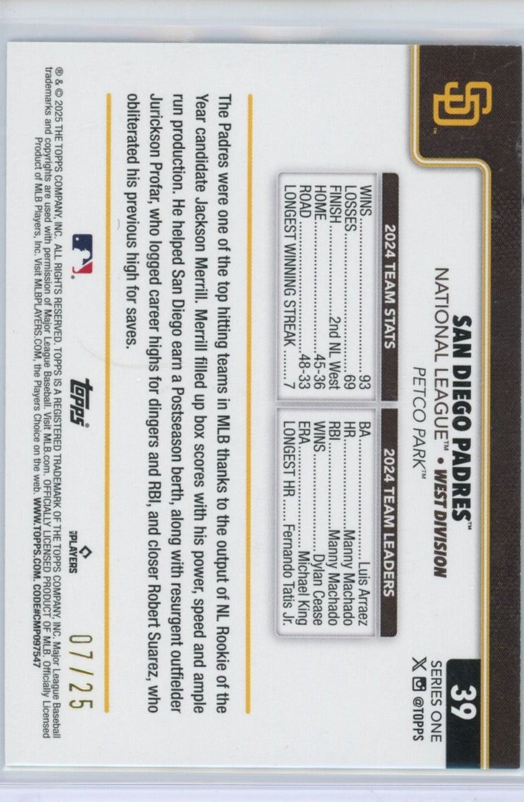 2025 Topps #39 San Diego Padres Camo /25 — back