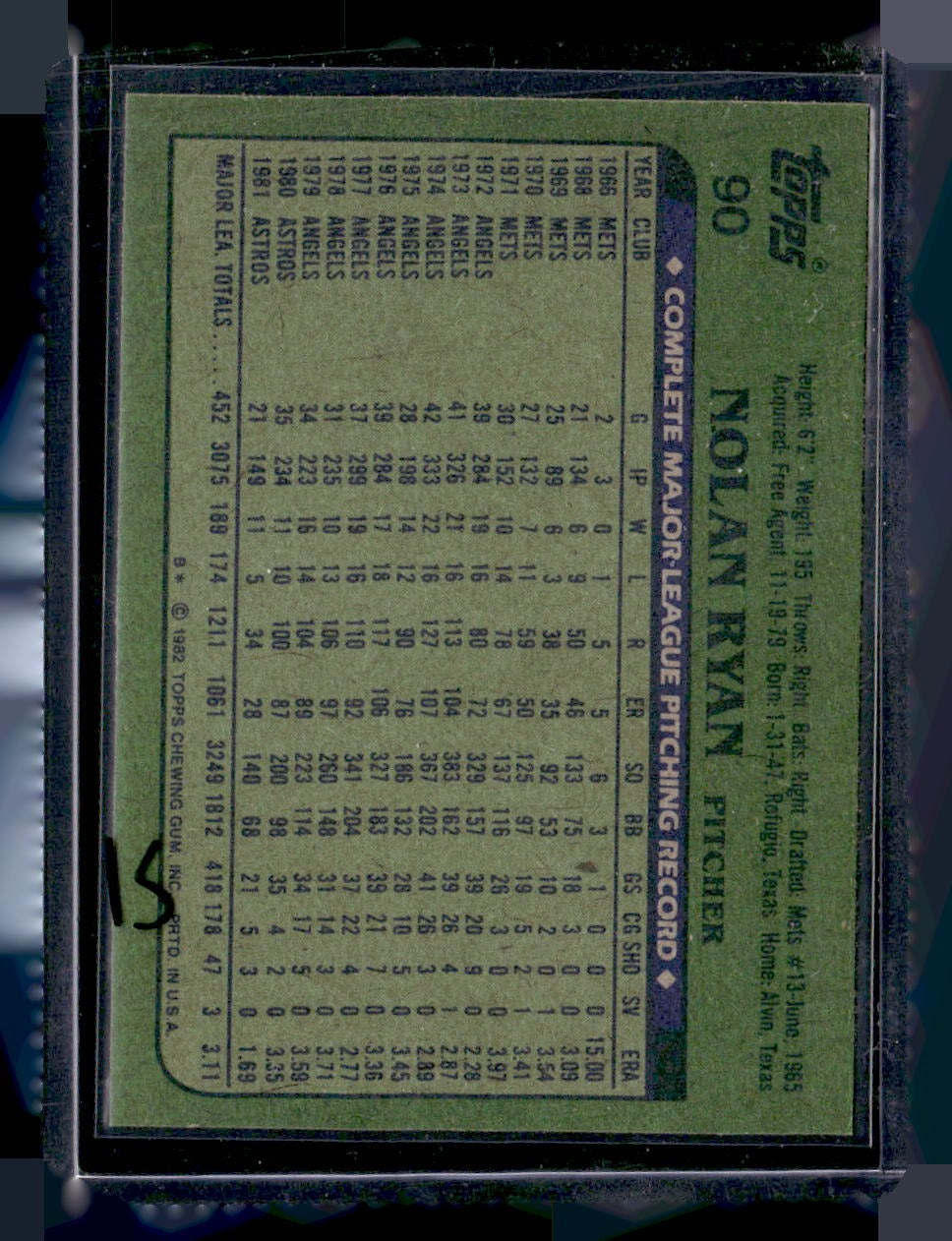 1982 Topps #90 Nolan Ryan Blackless — back