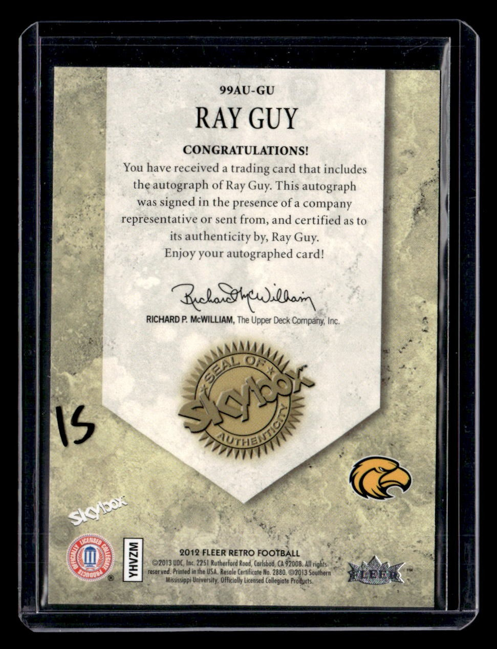 2012 Fleer Retro Ultra #99AU-GU Ray Guy Autographics 1999 — back