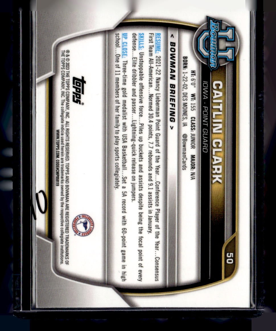 2022-23 Bowman University Chrome #50 Caitlin Clark — back