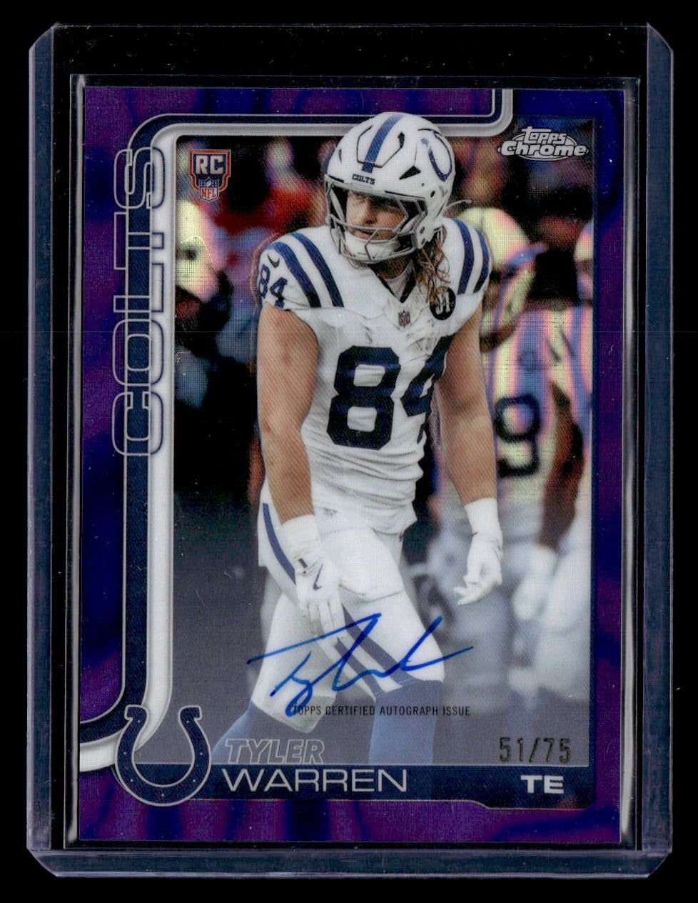 2025 Topps Chrome #RA-TWA Tyler Warren Chrome Rookie Auto Purple Refractor #/75 — front