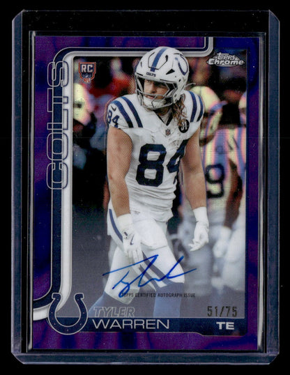 2025 Topps Chrome #RA-TWA Tyler Warren Chrome Rookie Auto Purple Refractor #/75 — front
