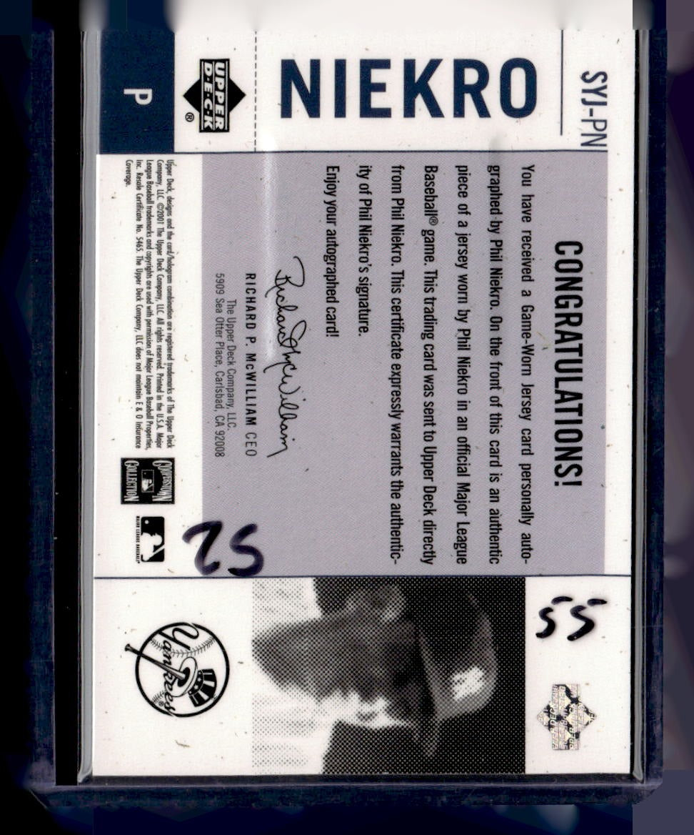 2001 Upper Deck Legends of New York #SYJ-PN Phil Niekro Signed Game-Worn Jerseys — back