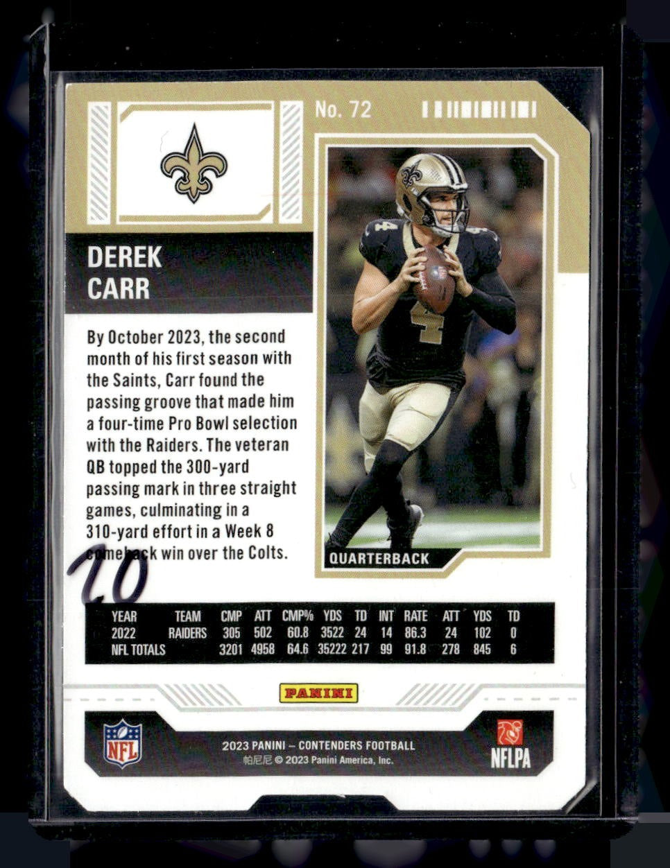2023 Panini Contenders #72 Derek Carr Season Ticket Stub #/4 — back