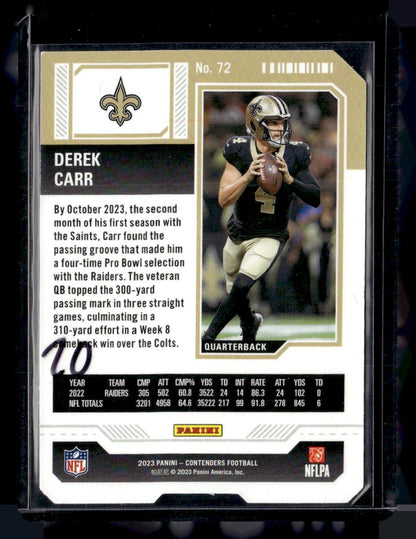 2023 Panini Contenders #72 Derek Carr Season Ticket Stub #/4 — back