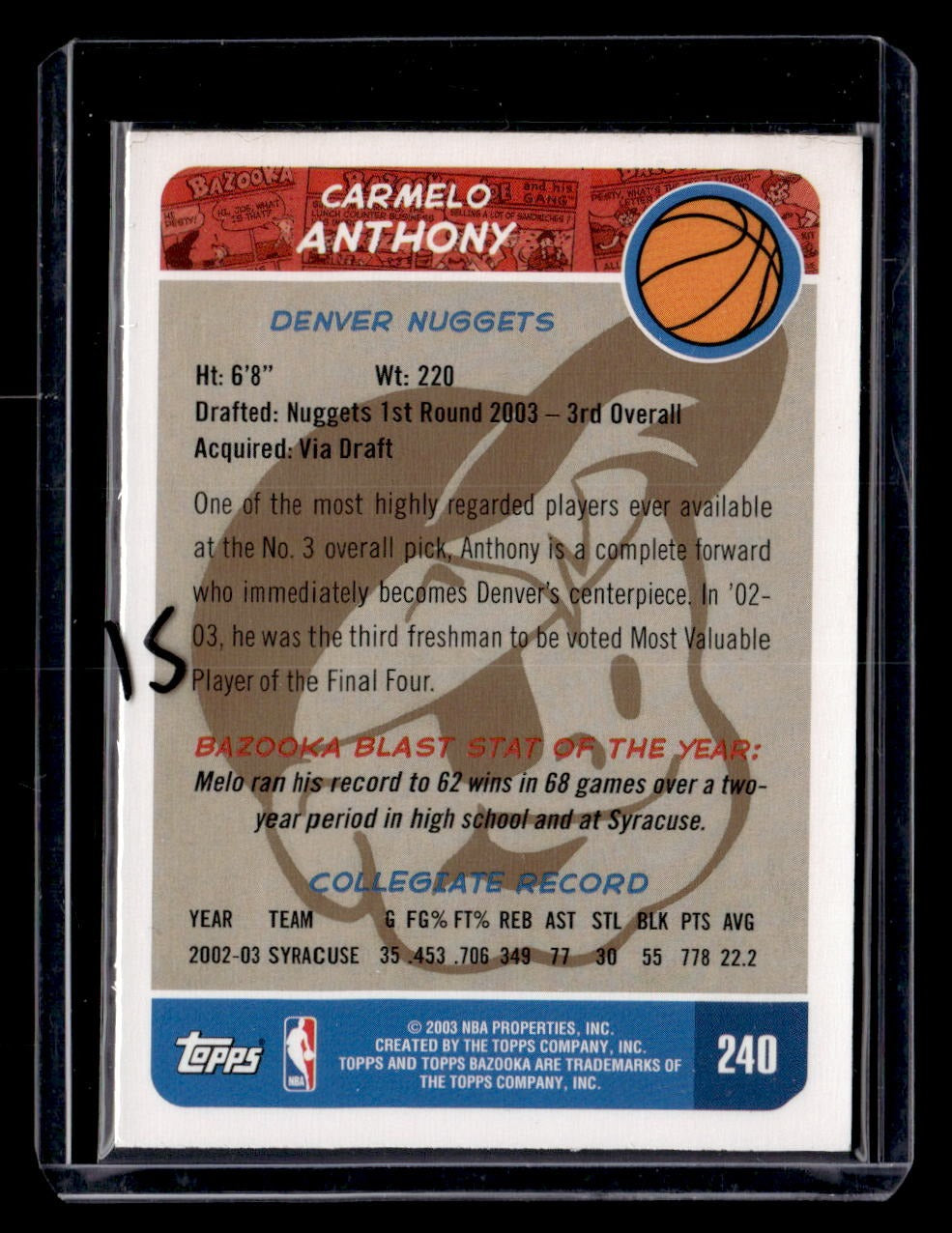 2003-04 Bazooka #240b Carmelo Anthony Gold : Road blue uniform — back