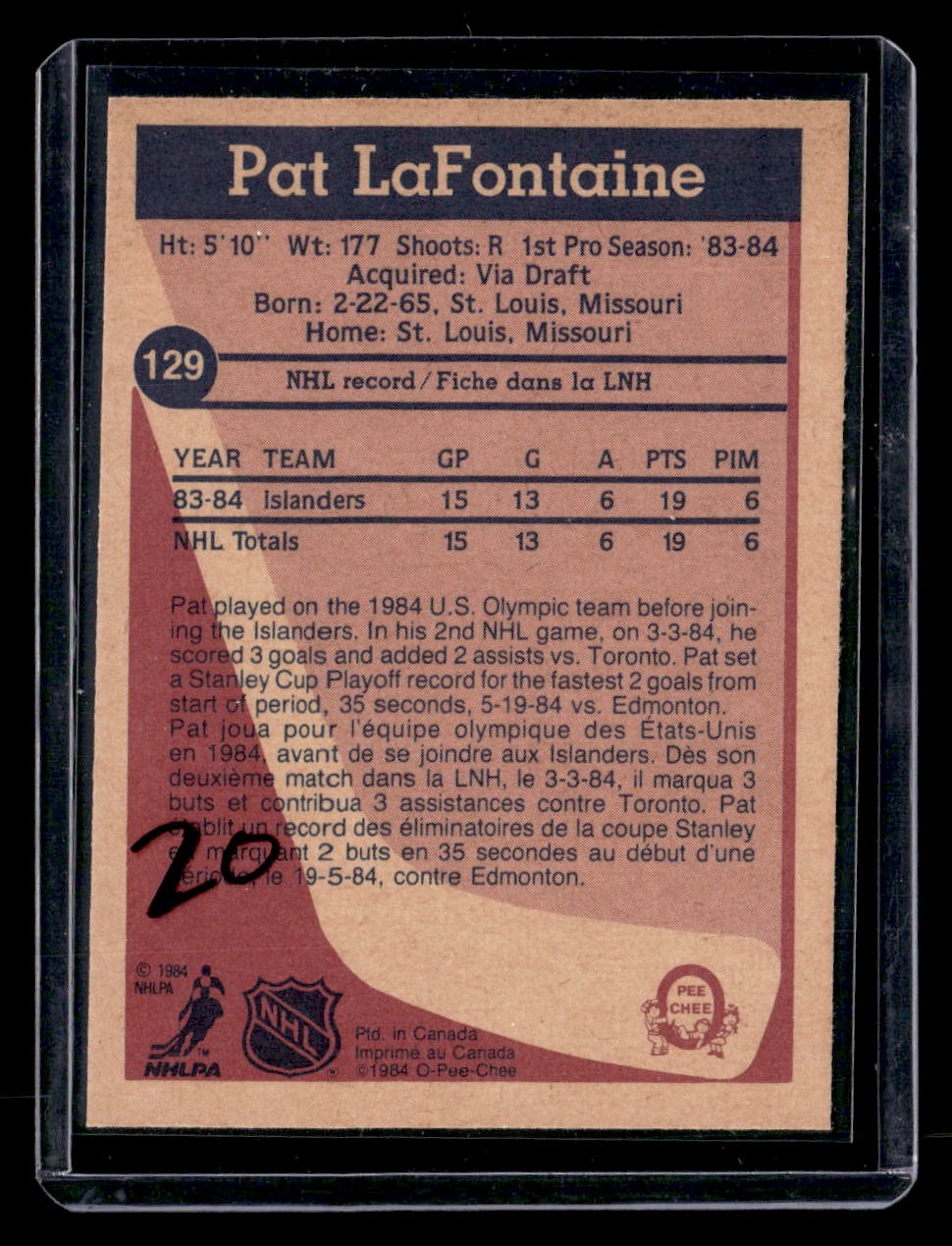 1984-85 Topps #96 Pat LaFontaine — back
