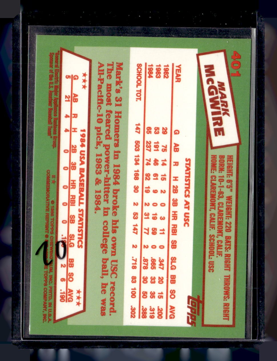 1985 Topps #401 Mark McGwire — back