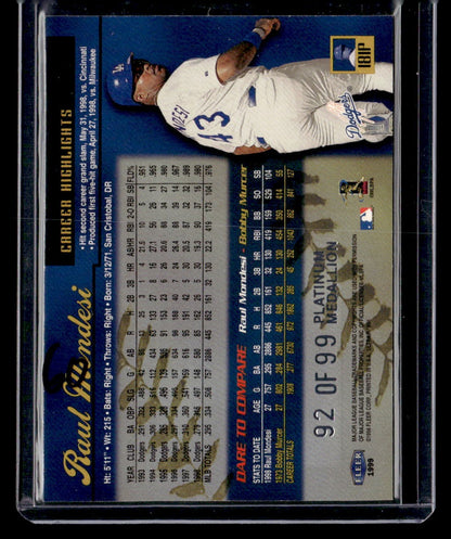 1999 Ultra #181P Raul Mondesi Platinum Medallion #/99 — back