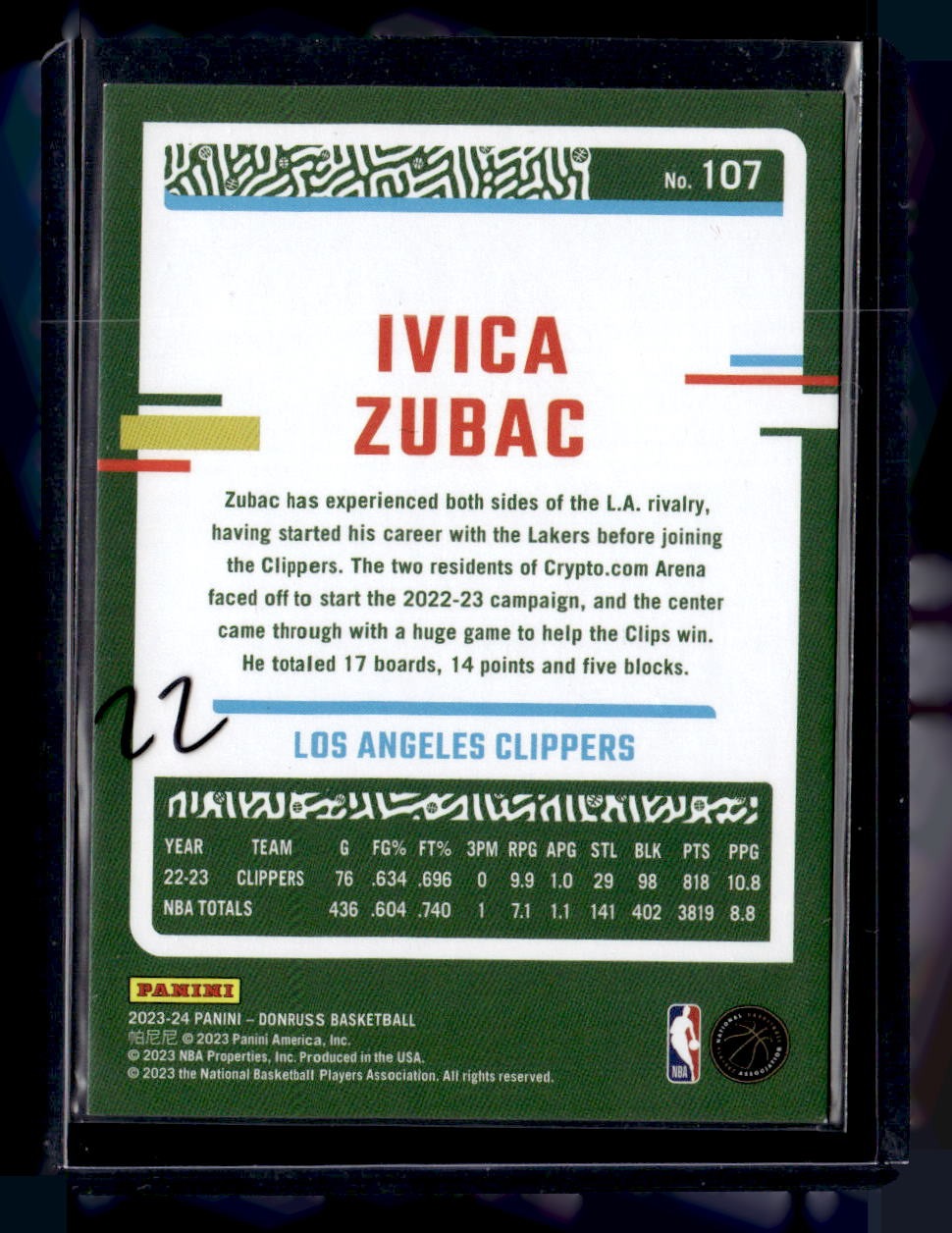 2023-24 Donruss #107 Ivica Zubac Choice Black Gold #/8 — back