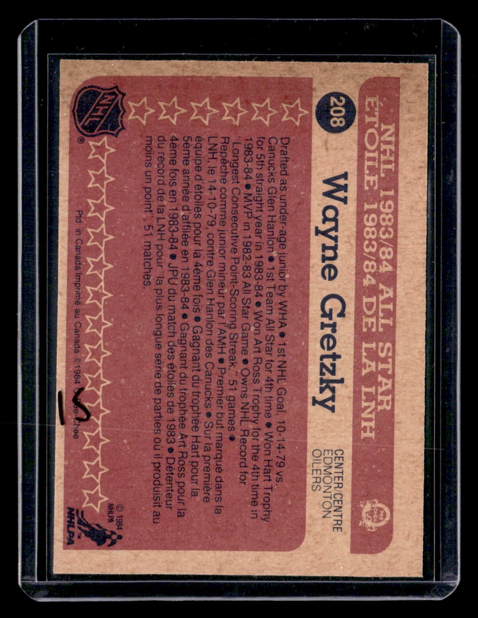 1984-85 O-Pee-Chee #208 Wayne Gretzky — back