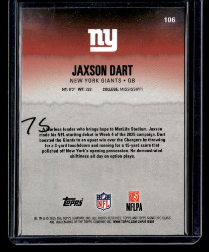 2025 Topps Signature Class #106 Jaxson Dart Chrome Green Refractor #/150 — back