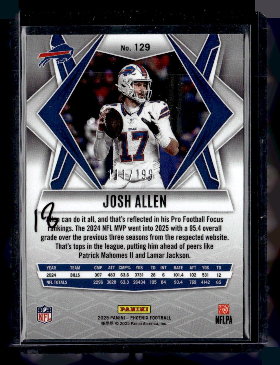2025 Panini Phoenix #129 Josh Allen Blue Winter Prizm #/199 — back