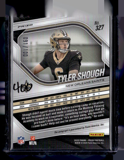 2025 Panini Prizm #327 Tyler Shough Prizm Choice Autographs #/100 — back