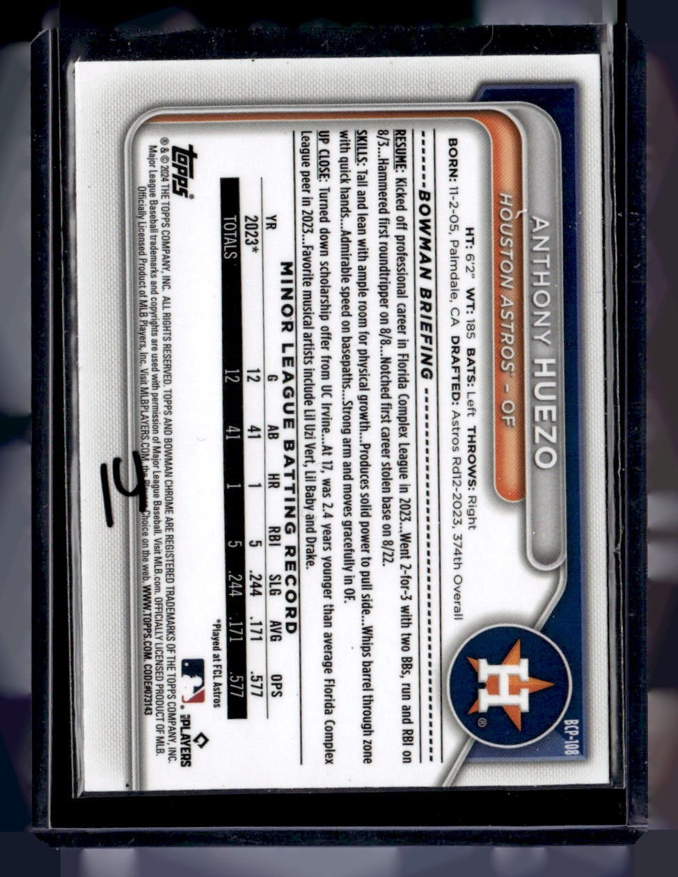 2024 Bowman #BCP-108 Anthony Huezo Chrome Prospects Yellow Refractor #/75 — back