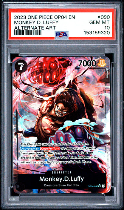 2023 ONE PIECE OP04-KINGDOMS OF INTRIGUE MONKEY D. LUFFY #090 ALTERNATE ART PSA 10