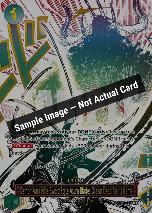 One Piece Card Game,Legacy of the Master,Demon Aura Nine Sword Style Asura Blades Drawn Dead Man's Game (Alternate Art) - OP12-037,Foil,Near Mint — Sample Image, Not Actual Card