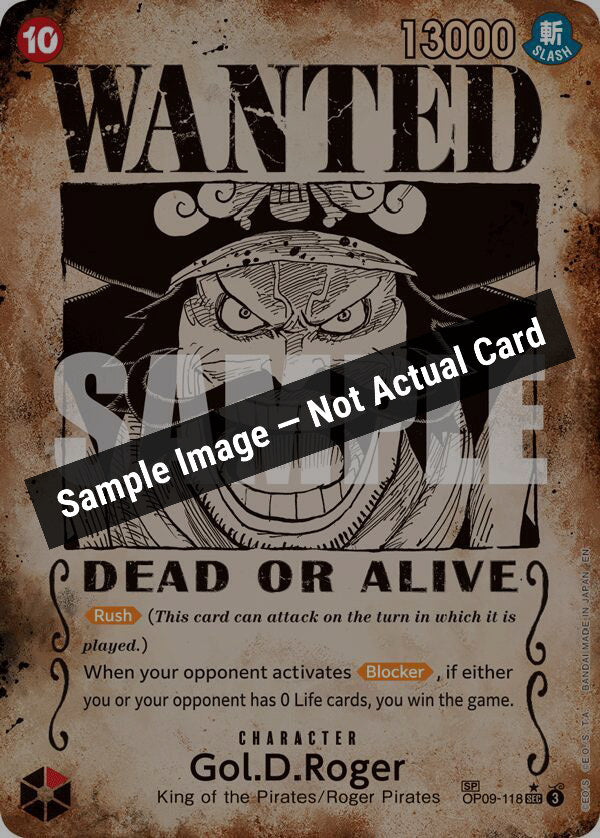One Piece Card Game,Carrying On His Will,Gol.D.Roger - OP09-118 (SP) (Wanted Poster),Foil,Near Mint — Sample Image, Not Actual Card