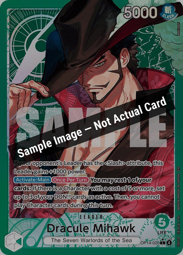 One Piece Card Game,The Azure Sea's Seven,Dracule Mihawk - OP14-020 (Alternate Art),Foil,Near Mint — Sample Image, Not Actual Card
