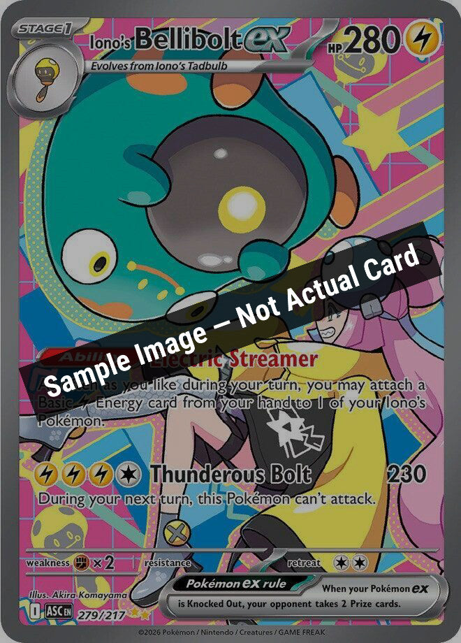 Pokemon,ME: Ascended Heroes,Iono's Bellibolt ex - 279/217,Holofoil,Near Mint — Sample Image, Not Actual Card