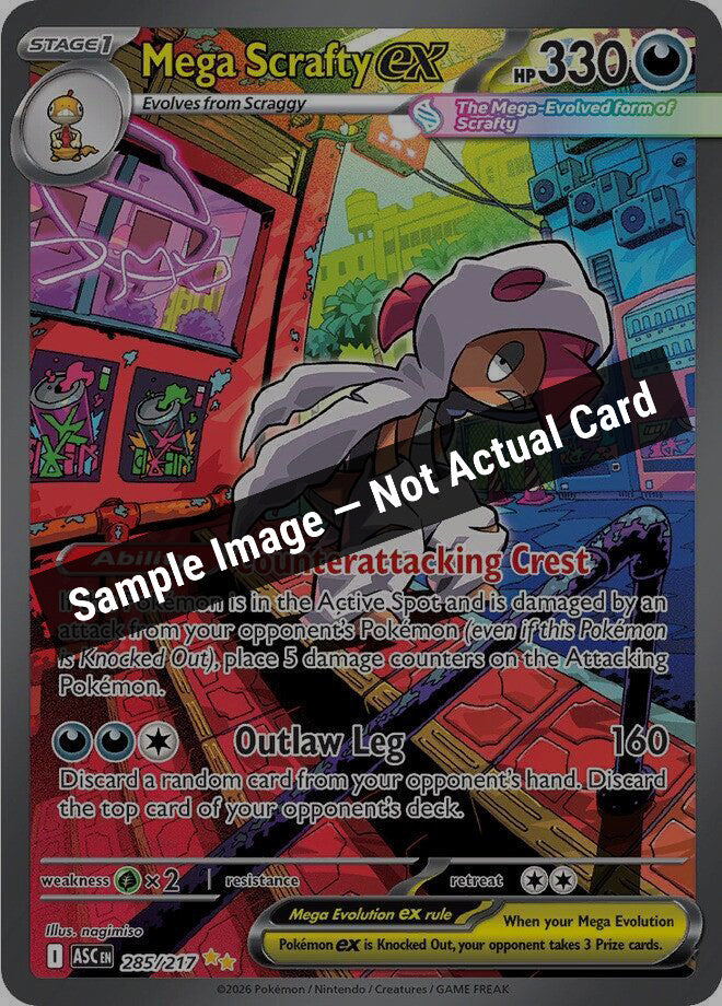 Pokemon,ME: Ascended Heroes,Mega Scrafty ex - 285/217,Holofoil,Near Mint — Sample Image, Not Actual Card