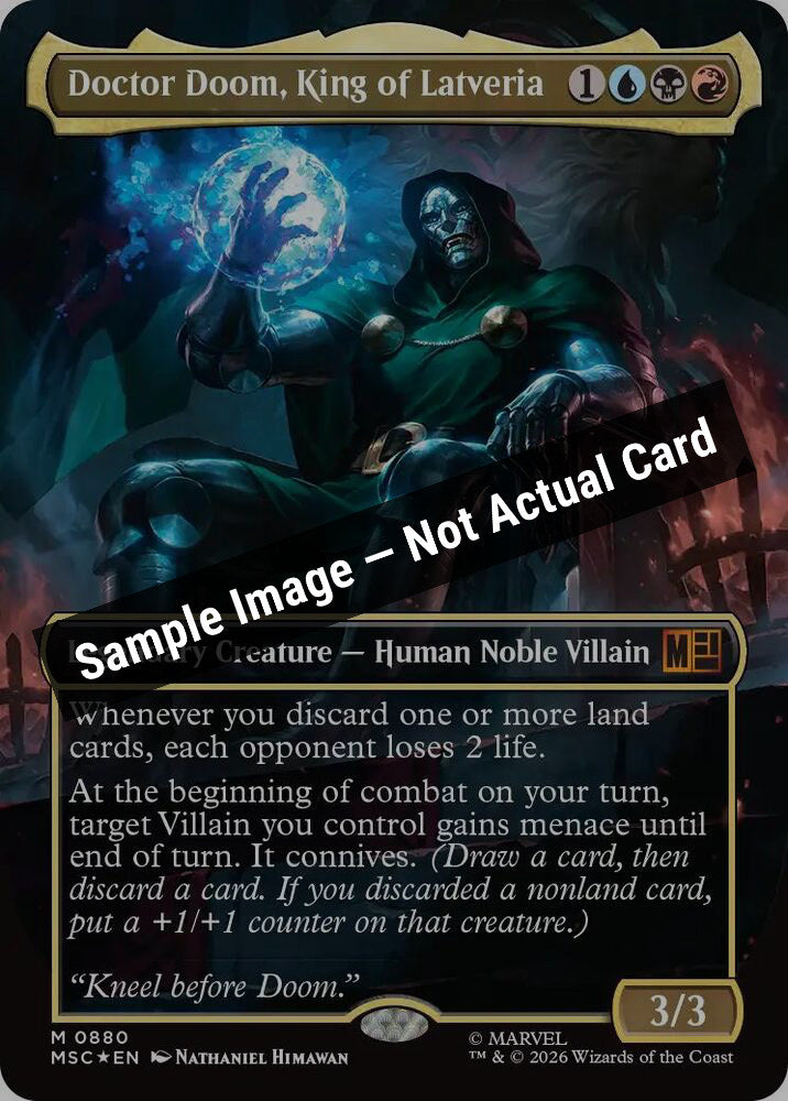Magic,Commander: Marvel Super Heroes,Doctor Doom, King of Latveria (Borderless) (Surge Foil) - 880,Foil,Near Mint — Sample Image, Not Actual Card