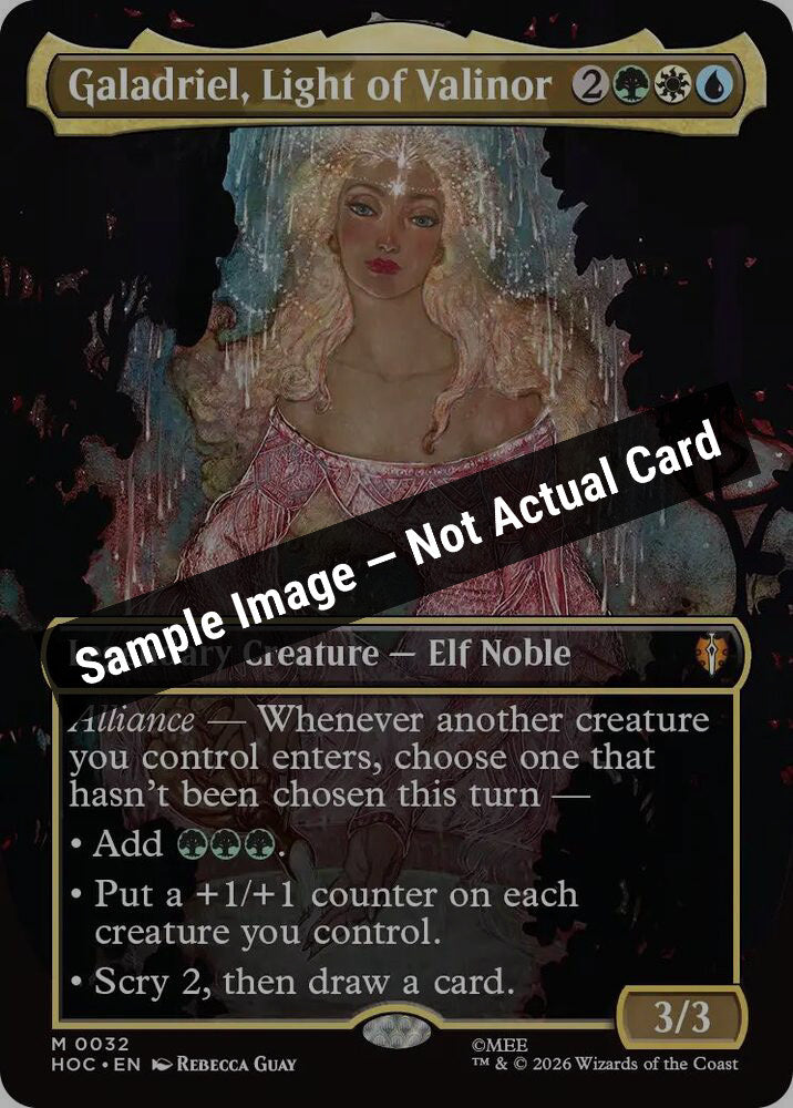 Magic,The Hobbit: Eternal-Legal,Galadriel, Light of Valinor (Borderless) - 32,Foil,Near Mint — Sample Image, Not Actual Card