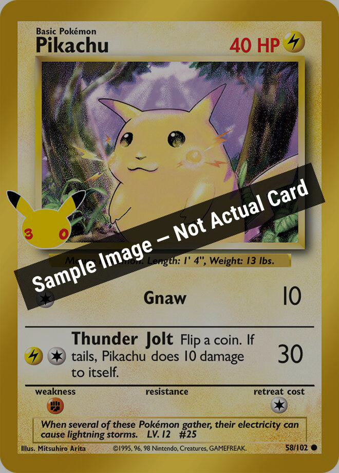 Pokemon,ME: 30th Celebration Classic Collection,Pikachu - 58/102,Holofoil,Near Mint — Sample Image, Not Actual Card