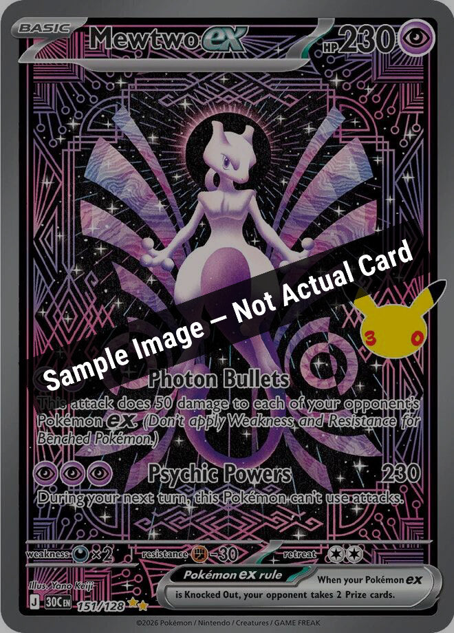 Pokemon,ME: 30th Celebration,Mewtwo ex - 151/128,Holofoil,Near Mint — Sample Image, Not Actual Card